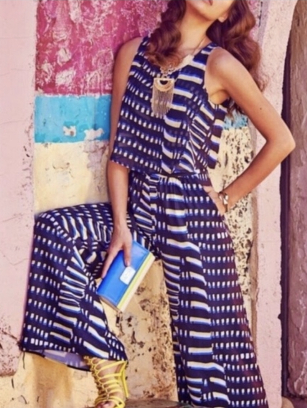 BEBE Vintage Abstract Overlay Wide-Leg Jumpsuit Navy Blue, Black, White, Yellow